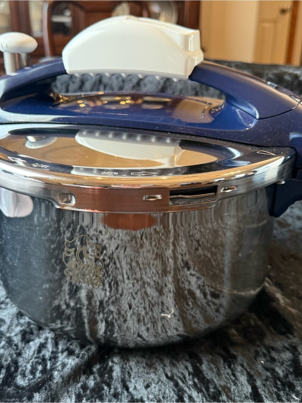 Pressure Cooker with Blue Handle and Stainless Steel Pot